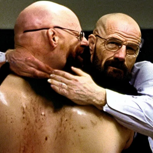 Image similar to Michael Ehrmantraut hugging walter white from behind wrestling breaking bad