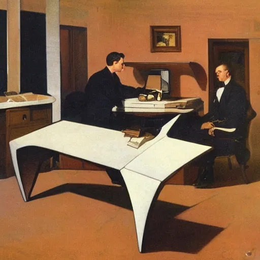 Image similar to man in futurist room, desk with coffee and black suit by leyendecker and dean cornwell, 8 feet from the camera, futuristic furniture