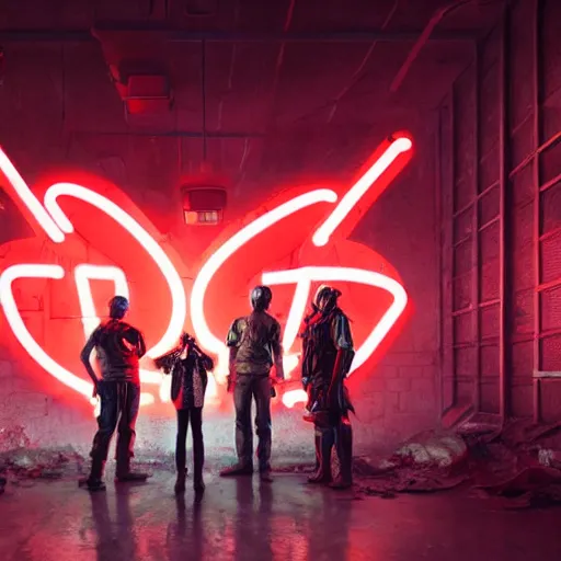 Image similar to a group of people standing around a giant bloody wounded head of mickey mouse, neon netflix logo, cyberpunk art by david lachapelle, cgsociety, sots art, dystopian art, reimagined by industrial light and magic, dark obscure neon concept art