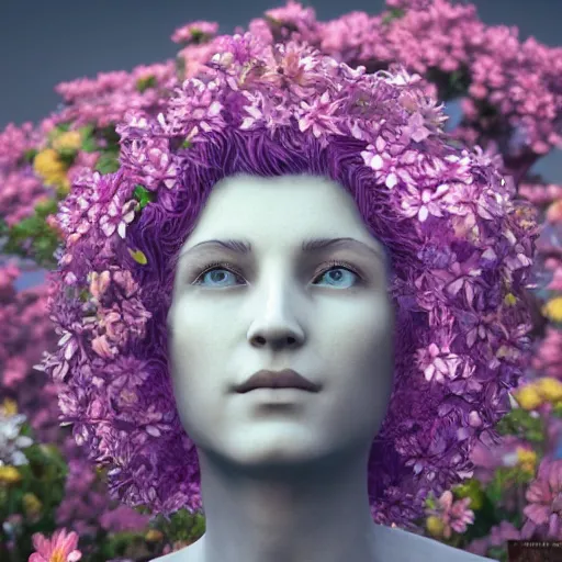 Image similar to an idealistic marble statue with flowery hair in a fractal garden, unreal engine, 8k render, beautiful, full frame,