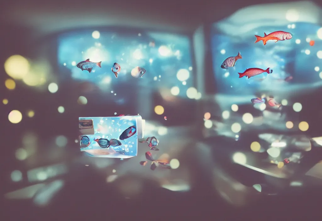 Image similar to 3 d fishes popping out of curved movie screen, volumetric lighting, bedroom, sleeping, pair of keycards on table, bokeh, creterion collection, shot on 7 0 mm, instax