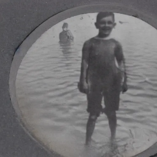 Prompt: tintype photo, swimming deep underwater, kid with huge crab