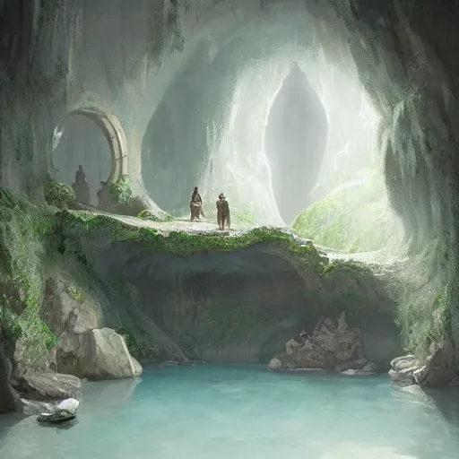 Image similar to cozy, empty bathhouse hidden in a cave, intimate candlelight, towels, cushions, natural light, lush plants and flowers, (((((((no people))))))))), elegant, smooth cave rock, fantasy, atmospheric lighting, digital painting, Greg Rutkowski concept art