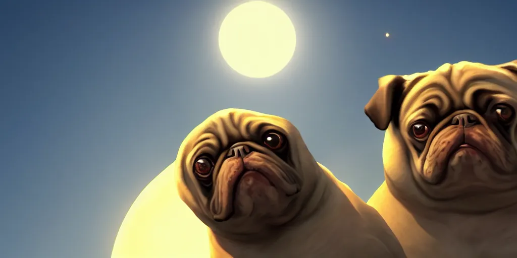 Prompt: fat pug orbiting the sun, still, photograph, trending on artstation, dynamic lighting, cinematic