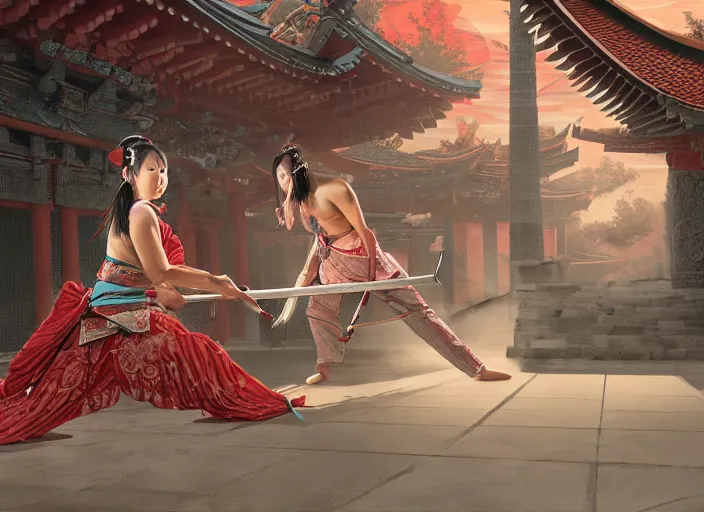 Prompt: samurai girl with long dark hair attack the ogre with her katana in the buddist temple, digital illustration, concept art, realistic lighting, sharp focus, 4 k