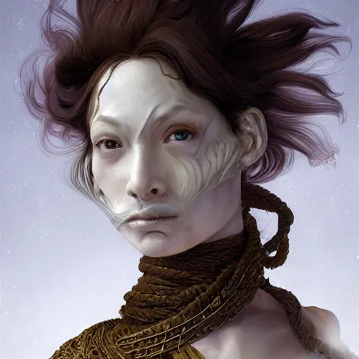 Image similar to portrait of a Shibari rope wrapped face and neck, headshot, insanely nice professional hair style, dramatic hair color, digital painting, of a old 15th century, old cyborg merchant, amber jewels, baroque, ornate clothing, scifi, realistic, hyperdetailed, chiaroscuro, concept art, art by Franz Hals and Jon Foster and Ayami Kojima and Amano and Karol Bak,