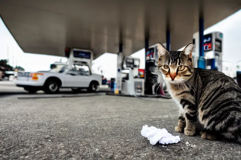 Image similar to cat smoking a cigarette in the gas station wide angle lens