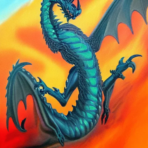 Prompt: a oil painting of a dragon, high energy, negative mood