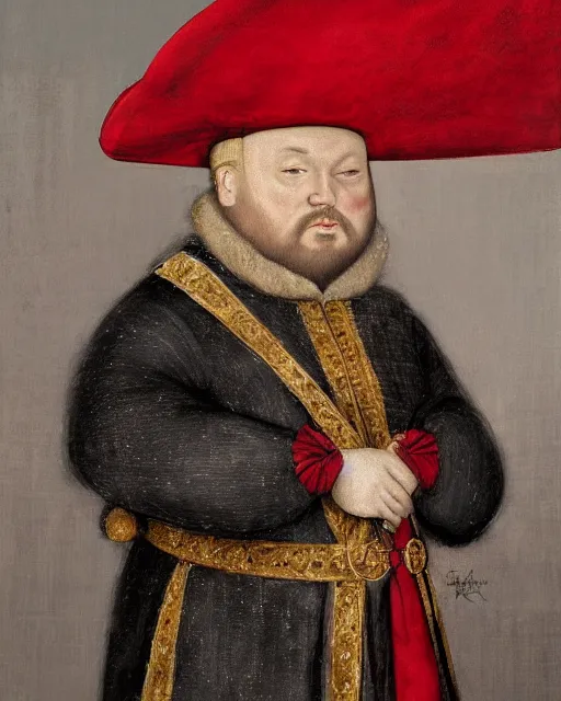 Image similar to fat gray cat with yellow eyes dressed like henry viii, tudor period clothing in red gold and black, greg rutkowski, royal portrait, painting