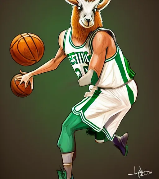 Prompt: photorealistic anthropomorphic llama as larry bird playing basketball in celtics outfit, playing in a nba court, crewson photography, dnd character art portrait, deviantart artstation, by jason felix by steve argyle by tyler jacobson by peter mohrbacher, cinematic lighting