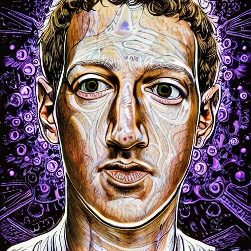 Image similar to the inner self of mark zuckerberg, clockwork engine, psychedelic, lsd, spiritual, mystical, epic beautifully detailed pen, ink and copic markers drawing by milo manara