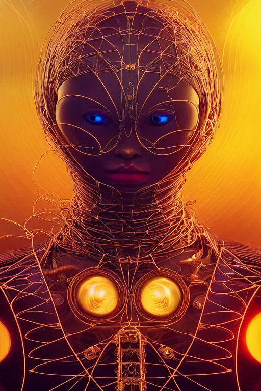 Image similar to a centered render of an alien bio - organic creature adorned with cables and synthesizer parts is surrounded by sacred geometry, full body, bio - mech face, powerful, cinematic, beautifully lit, by artgerm, by karol bak, 3 d, trending on artstation, octane render, 8 k