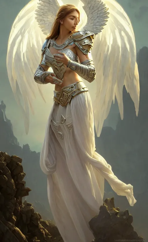 Image similar to angel, high key, full armor cloth, full body portrait, gentle, female, bright marble ruins, landscape, d & d, fantasy, intricate, elegant, highly detailed, digital painting, white gold color palette, artstation, octane render, concept art, matte, sharp focus, illustration, hearthstone, art by artgerm and greg rutkowski and alphonse mucha