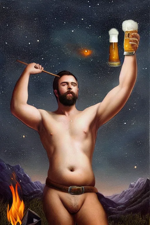 Prompt: a dramatic, epic, ethereal painting of a handsome thicc shirtless cowboy with a beer belly wearing a large belt | background is a starlit night campfire with food and jugs of whisky | homoerotic | fire, flames, stars, tarot card, art deco, art nouveau | by Mark Maggiori | trending on artstation