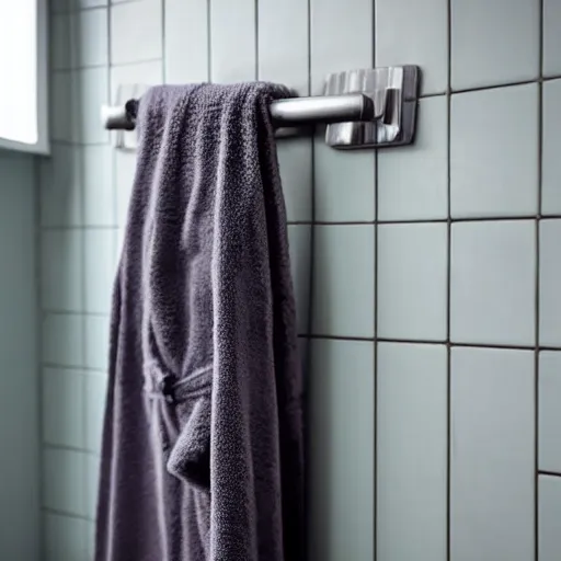 Image similar to a single bathrobe belt on a metal towel rack, tile wall