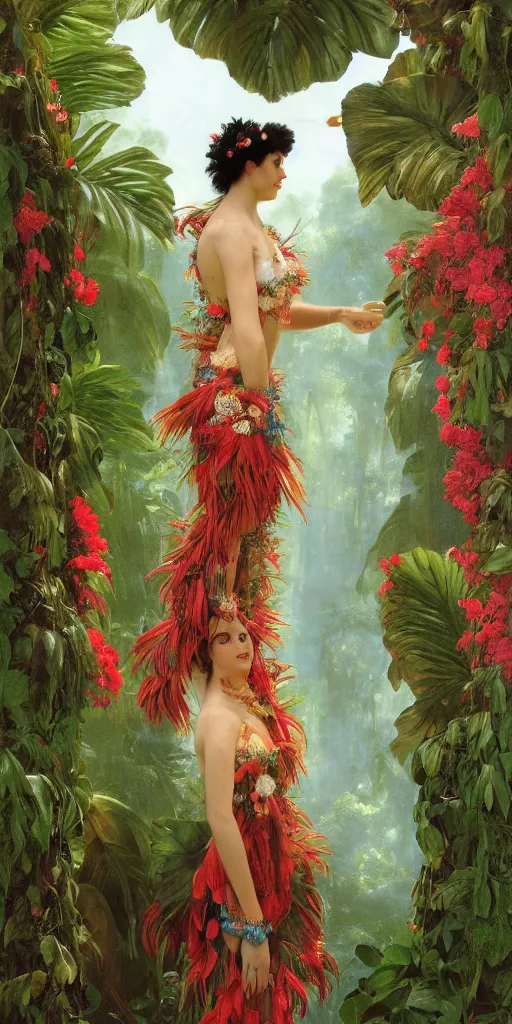 Image similar to anthropomorphic macaw woman wearing a flowing samba inpsired white and mint colored paper dress, background amazon jungle made of paper, paper Bougainvillea, ethereal, fantasy, Lawrence Alma-Tadema, James Jean, oozium, peter morbacher, angelarium, alchemy, luxury, heavenly light, Soft illumination, Trending on artstation, Cinematic Lighting, very detailed, 3D, octane render, artgerm