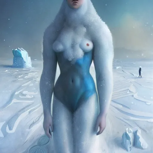 Prompt: a hyperrealistic illustration of a human in the Arctic, snow on the body, blue transparent ice with fractal sunlight, award-winning, masterpiece, in the style of Tom Bagshaw, Cedric Peyravernay, Peter Mohrbacher