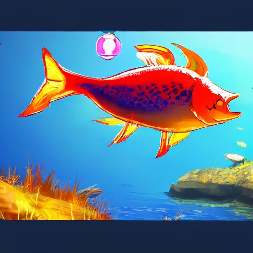 Prompt: concept art from an indie video game about fish that can transform to a disco ball tending on artstation