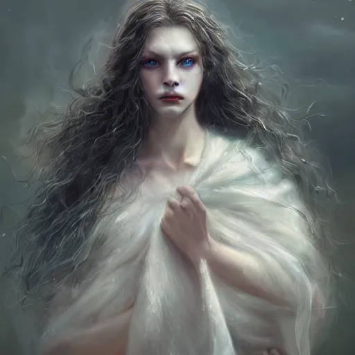 Image similar to a portrait of a ice queen with long dark curly hair and red eyes, stoic, pale skin, alone dramatic, epic painting, painted by wlop, cgsociety, beautiful, semirealism, artbreeder, artstation, octane render, sharpness, 8 k, golden ratio