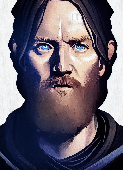 Image similar to a portrait of obi - wan kenobi as a jesus, cyberpunk, grim - lighting, high - contrast, intricate, elegant, highly detailed, digital painting, artstation, concept art, smooth, sharp focus, illustration
