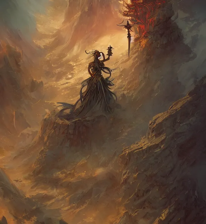 Image similar to full body illustration of a goddess, tarot card, dark souls colour scheme, establishing shot, coherent, high detailed, peter mohrbacher, kerem beyit, Karol Bak, Chris Cold, james gurney, dan mumford, featured on artstation