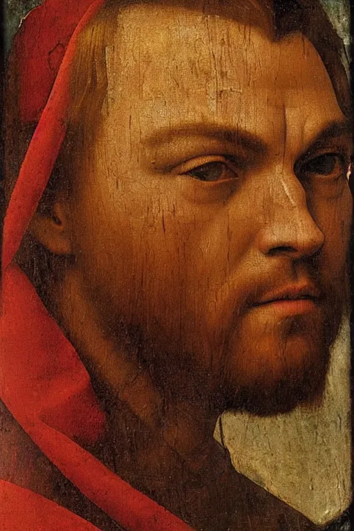 Image similar to 1 4 0 0 s renaissance portrait of leonardo dicaprio oil painting by jan van eyck, northern renaissance art, oil on canvas, wet - on - wet technique, realistic, expressive emotions, intricate textures, illusionistic detail