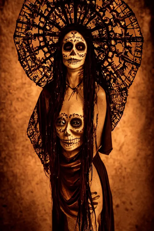 Prompt: wet collodion process, virgin mary in dia de muertos dress and make up, horrific beautiful vibe, evocative, atmospheric lighting, painted, intricate, highly detailed, leesha hannigan, wayne haag, reyna rochin, ignacio fernandez rios, mark ryden, iris van herpen, stunning, gorgeous, sharp focus, cinematic, masterpiece