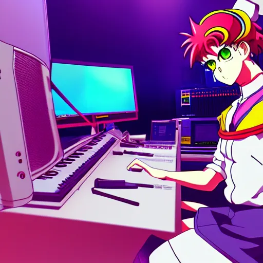 Image similar to An anime character working in their music studio. 90s anime, Sailor Moon, Neon Genesis, official art, flat cell shading, fantastic screenshot art, trending on artstation