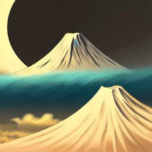 Image similar to Giant Wave with mount fuji in the background, moon in the background,night, elegant, highly detailed, digital painting, artstation, concept art, smooth, sharp focus