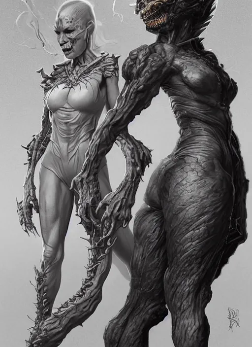 Prompt: a detailed full body portrait of 2 female monsters facing off, queen of blades, mutation, by dorian cleavenger, zdzisław beksinski, by artgerm, by bastien lecouffe - deharme trending on artstation