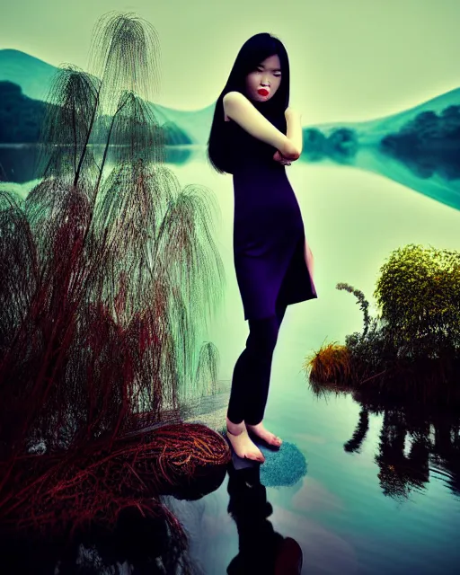 Prompt: wide angle closeup shot, flash long exposure photography of asian woman fashion posing in the lake, russian modern photoshoot, digital illustration by ruan jia, sharp focus, high details