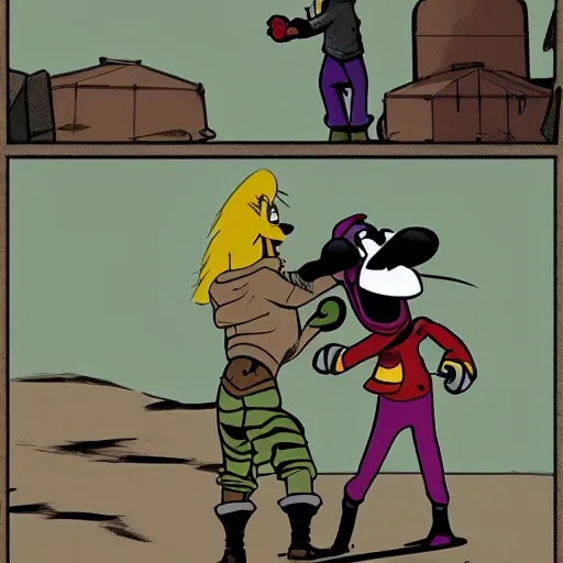 Image similar to goofy fights against the patriarchy in a post apocalyptic city