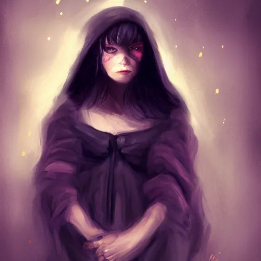 Image similar to grumpy girl, portrait, ice magic, dark hair, dark robe, warm light, concept art, illustration