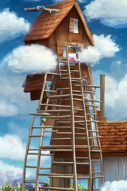 Image similar to A hyperdetailed digital oil painting of a house in the clouds,ladder,cartoon, Trending on ArtStation and DeviantArt