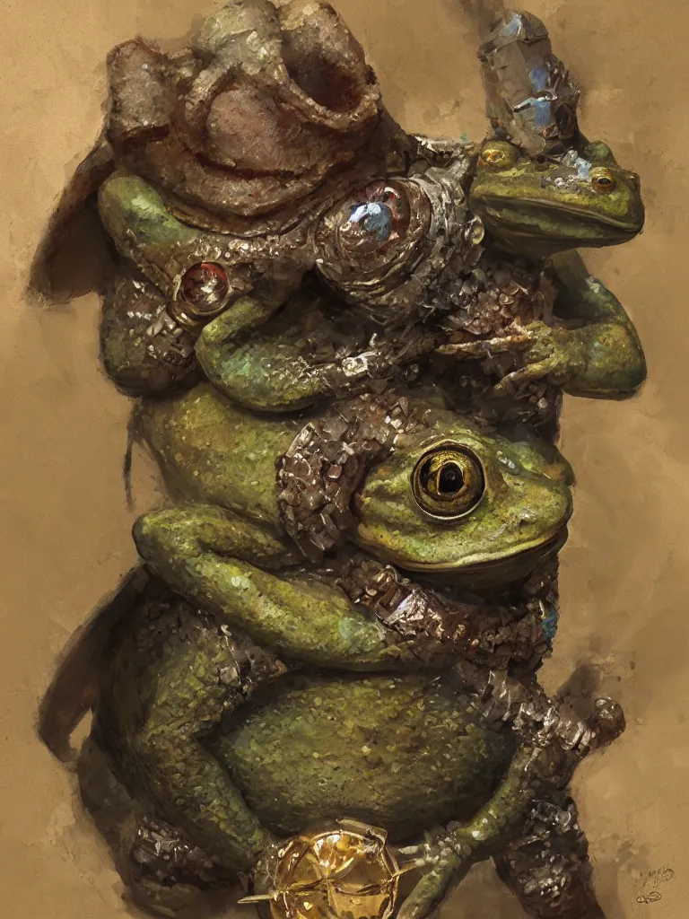 Image similar to Portrait of a medieval humanoid frog dressed like a wizard and carrying magic trinkets, painted by Craig Mullins, trending on ArtStation