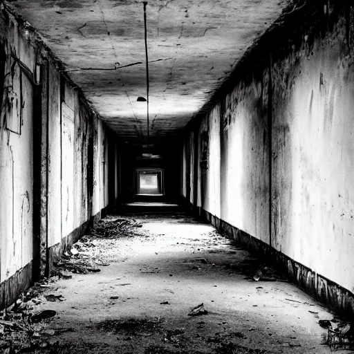 Image similar to a dark and musty hallway in an abandoned building