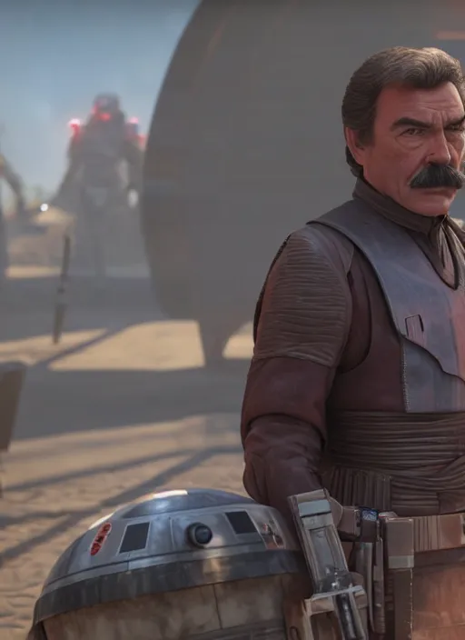 Prompt: film still of tom selleck as cal kestis in star wars jedi fallen order, gameplay, 8 k, hd