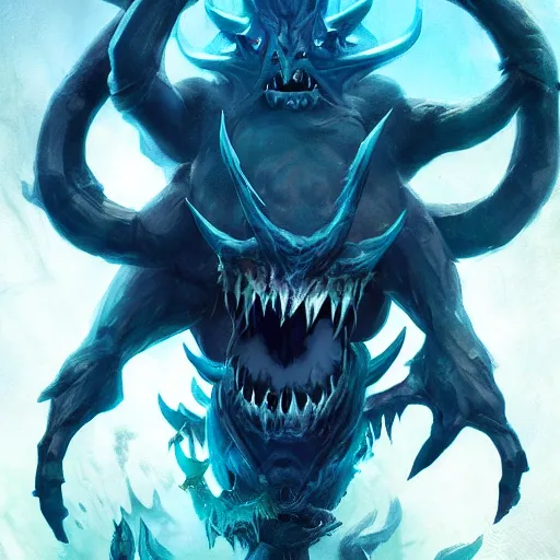 Image similar to water monster spirit blue shadow fiend from dota 2, dnd style, epic fantasy game art, by Greg Rutkowski, hearthstone artwork