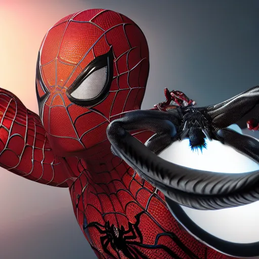 Image similar to a single venom and spider - man hybrid, dslr, cinematic, volumetric lighting, 8 k resolution, photorealistic