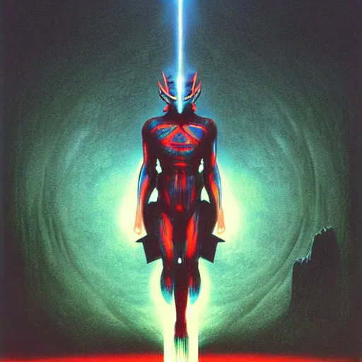 Prompt: ultraman vs chtulhu by beksinski and tristan eaton, dark neon trimmed beautiful dystopian digital art