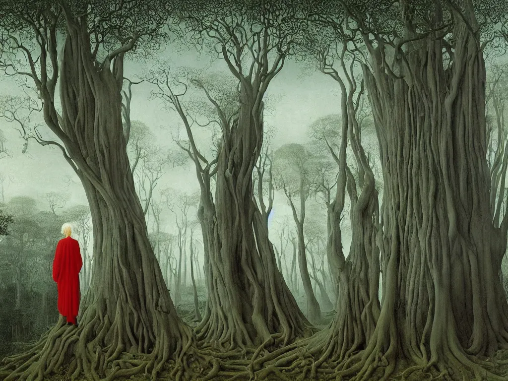 Image similar to albino mystic, with his back turned, looking in the distance at the surreal giant forest of Banyan trees in the fog. Painting by Jan van Eyck, Caspad David Friedrich, Rene Magritte, Agnes Pelton, Max Ernst, Walton Ford