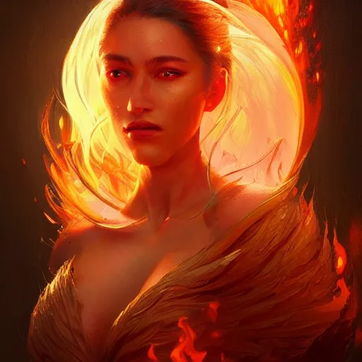 Image similar to a beautiful portrait of a fire goddess, flaming background, a detailed painting by greg rutkowski and raymond swanland, featured on cgsociety, fantasy art, detailed painting, artstation hd, photorealistic