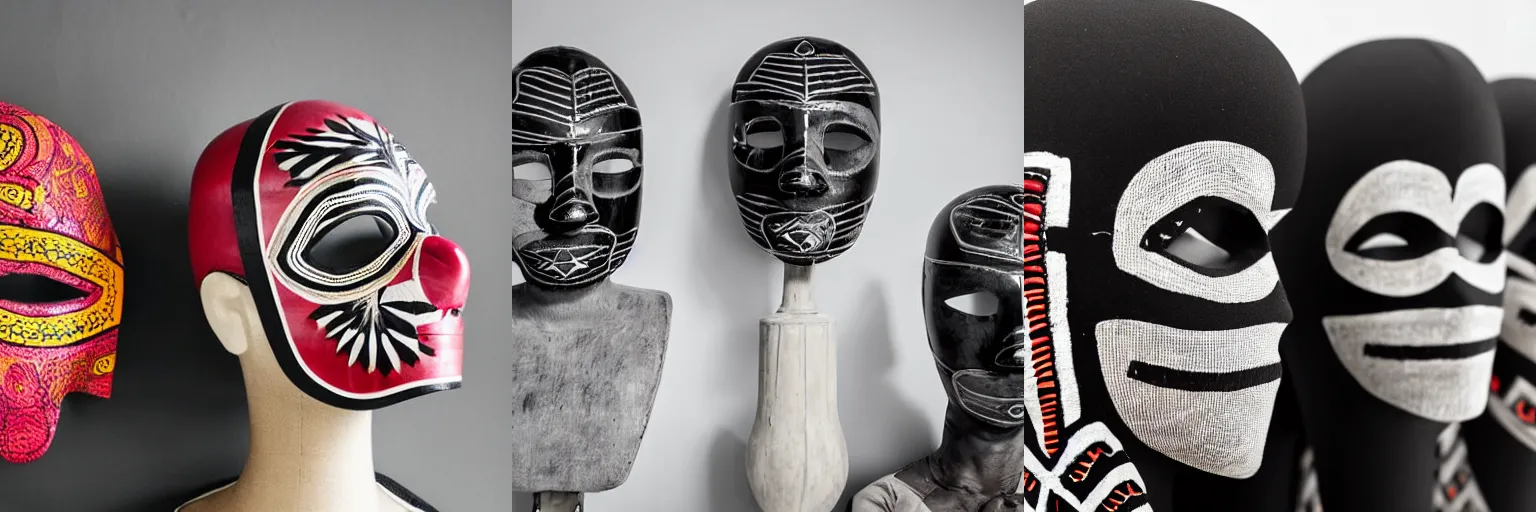 Prompt: medium head to shoulder shot, monochromatic studio photo of mexican wrestling masks on mannequin head display, artistic tribal patterns