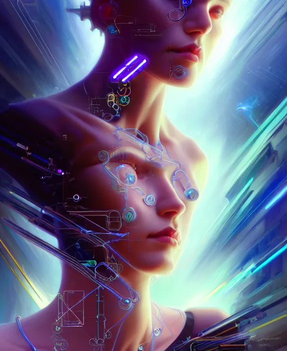 Image similar to a whirlwind of souls rushing inside the metaverse, hologram, half body, neurochip, shaved temple, piercing, jewelry, android, cyborg, cyberpunk face, by loish, d & d, fantasy, intricate, elegant, highly detailed, colorful, digital painting, artstation, concept art, art by artgerm and greg rutkowski and alphonse mucha