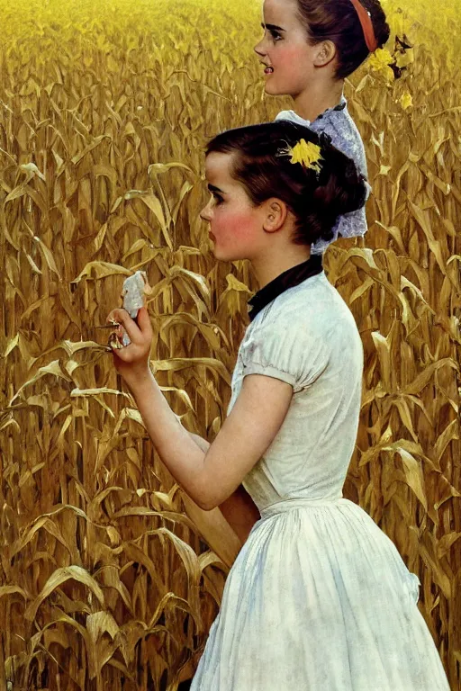 Prompt: Emma Watson in a corn field 1950s portrait by Norman Rockwell