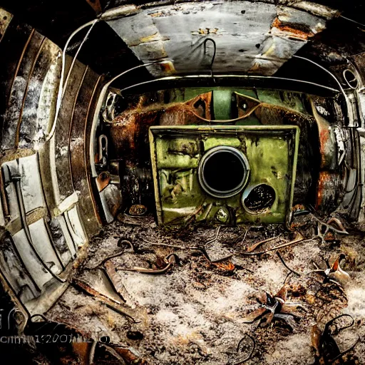 Image similar to photograph inside of an abandoned soviet submarine underwater overrun with strange translucent spiders, wide angle, dry ice, decay