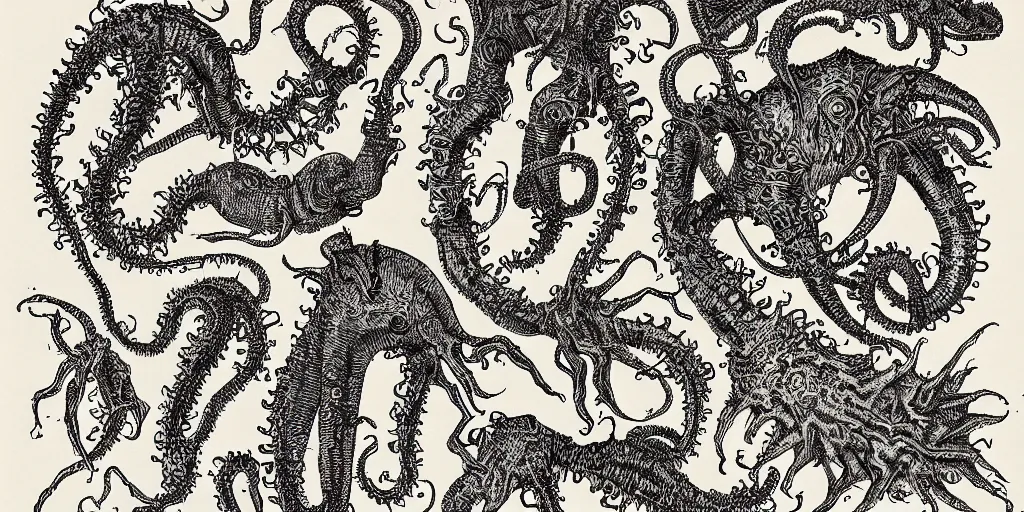 Image similar to detailing reference sheet of lovecraftian unnamed creatures in the style of copper plate etching by biologist