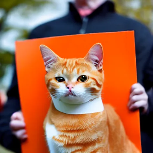 Image similar to orange tabby cat holds sign that says