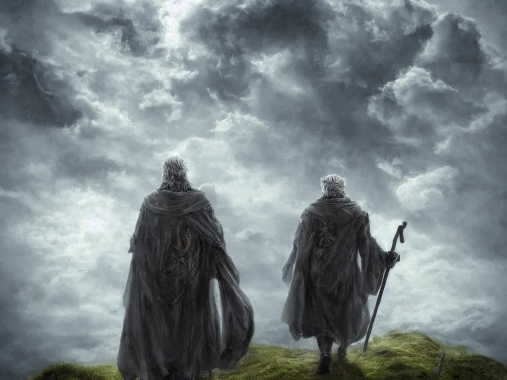 Image similar to Odin the wanderer in a grey cloak with his staff travelling walking on a path with clouds above him, neo-romanticism, norse mythology, colorful