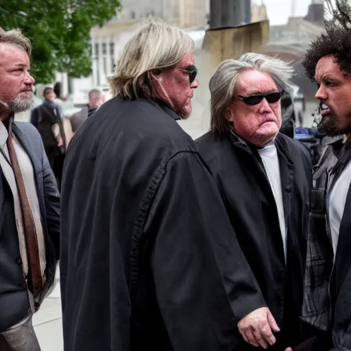 Prompt: the boondock saints approaching steve bannon outside of court